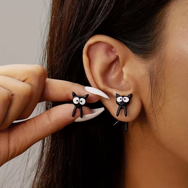 3d Black Cat Front Back Stud Earrings Funny Cute Animal Jewelry Gift